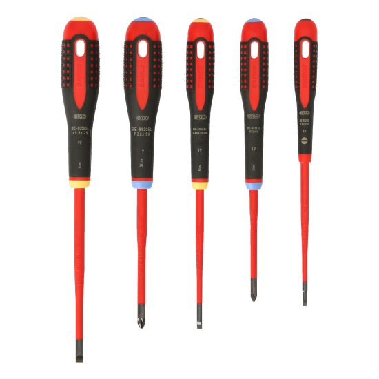 ERGO™ Slim VDE Insulated Slotted and Pozidriv Screwdriver Set with 3-Component Handle - 5 Pcs