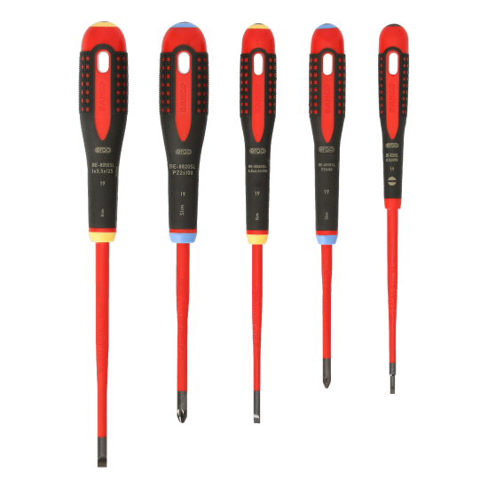 ERGO™ Slim VDE Insulated Slotted and Pozidriv Screwdriver Set with 3-Component Handle - 5 Pcs