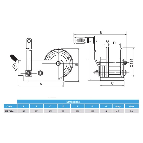 Heavy Duty Handwinch with Handbrake 625/1100kg